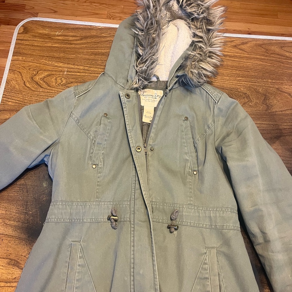 American Rag Olive Utility Jacket with Faux Fur Trim